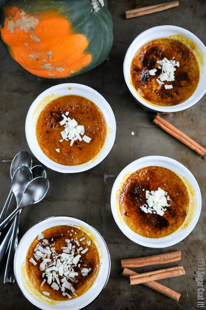 Maple Squash Creme Brulee with Coconut Blosson Sugar and White Chocolate Shavings