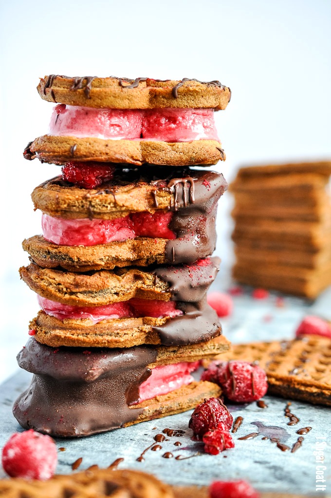 These Chocolate Raspberry Waffle Ice Cream Sandwiches deliver breakfast and dessert sandwiched between the sweetest of hearts!