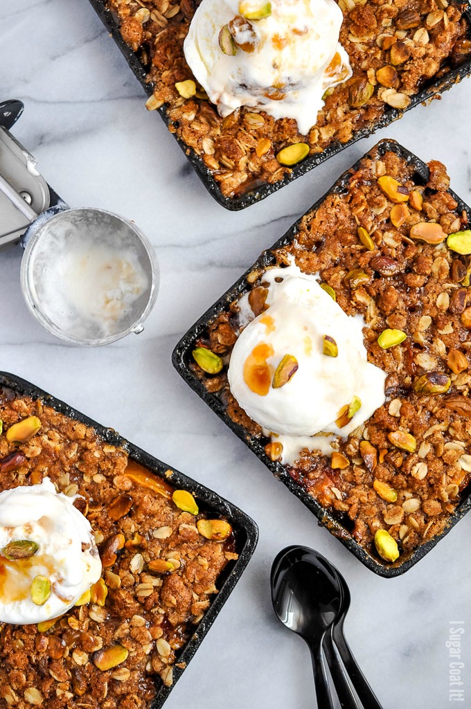 Celebrate stone fruit season with Pistachio Peach Kamut Crumble - a layer of juicy, fresh, maple soaked peaches topped with a super crunchy, nutty crumble! 