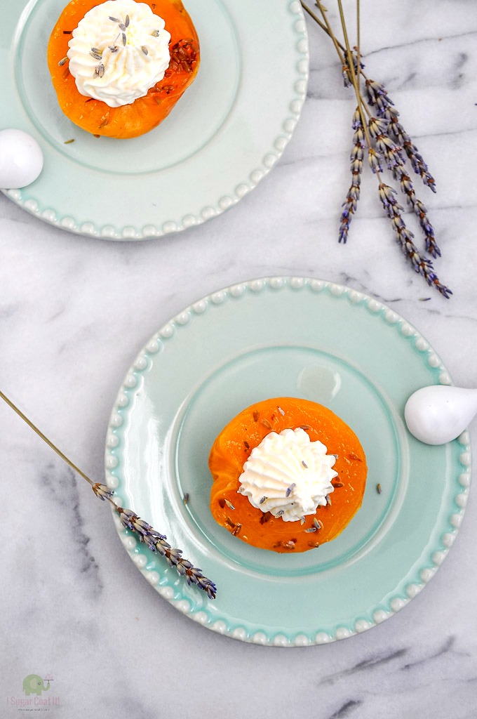 How to make Sous Vide Honey Lavender Poached Peaches, cooked to perfection and topped with clouds of honey whipped mascarpone.