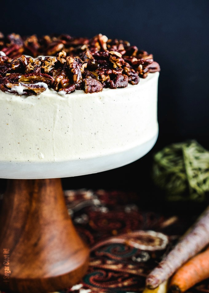 Whipped Mascarpone Browned Butter Carrot Cake with carrot caramel pecans makes a perfectly decadent centrepiece for your Thanksgiving celebration!