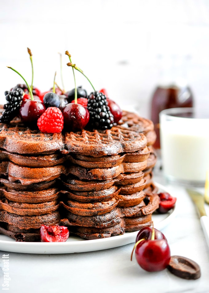 Decadent Dark Chocolate Cherry Buckwheat Waffles packed with cocoa, bittersweet chocolate, fresh cherries and homemade buckwheat flour.