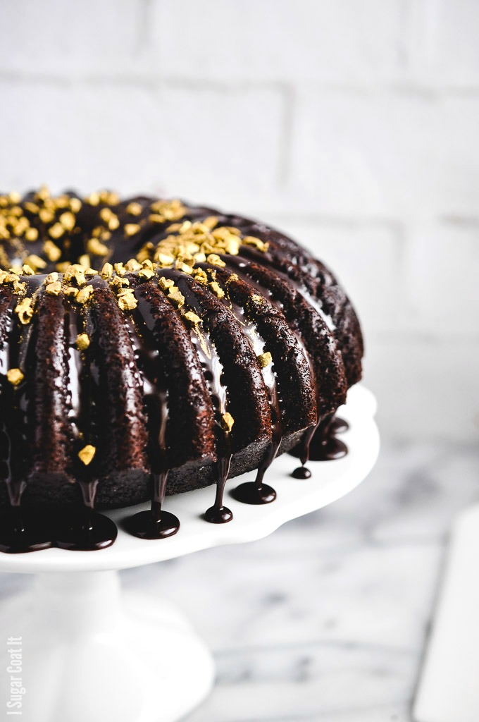 Coffee Chocolate Truffle Bundt Cake is decadent dark chocolate cake, dripping with coffee ganache and topped with golden cacao nibs for a little bling and crunch.