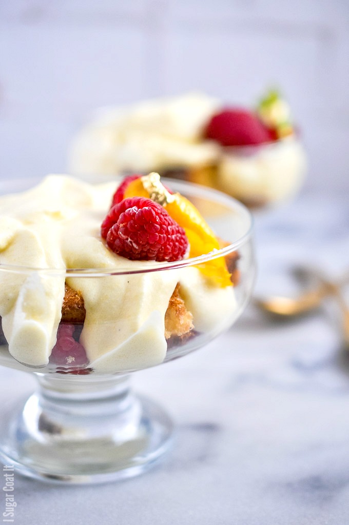 Sous Vide Zabaglione Lemon Cream Cake Trifle with delicate layers of champagne-spiked Italian cream, cake and fresh berries.