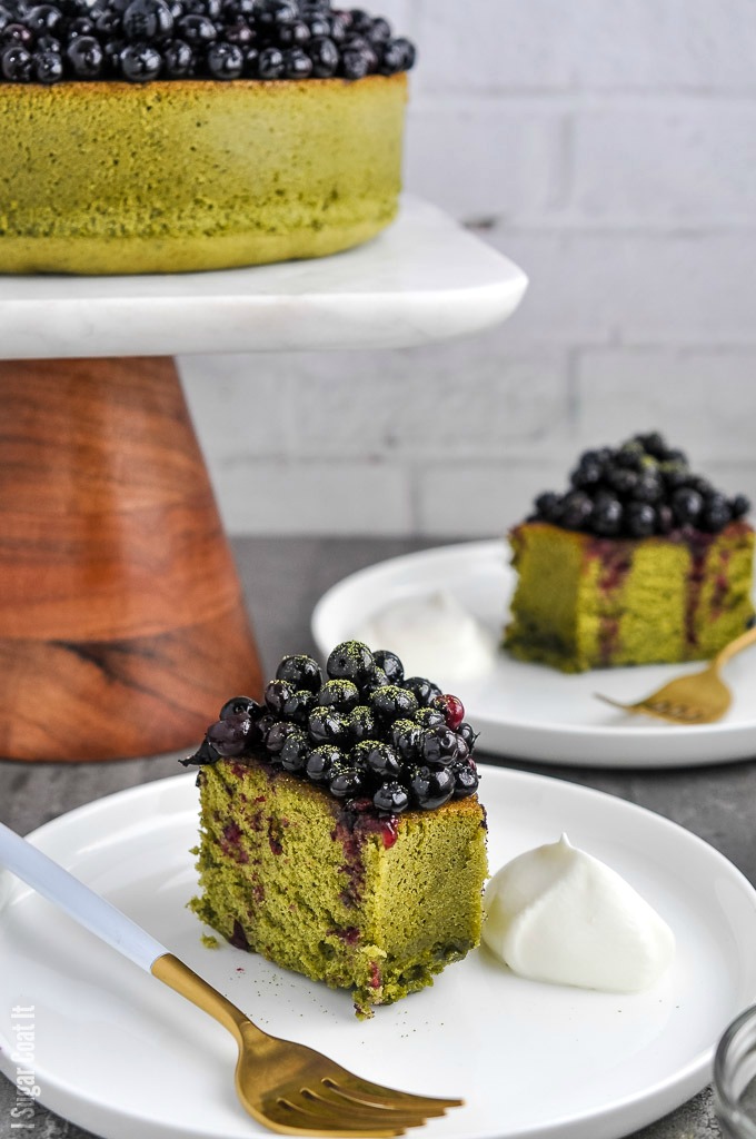 Matcha Sponge Cake with Maple Poached Blueberries is a light and airy green tea sponge cake, topped with sous vide maple poached blueberries.