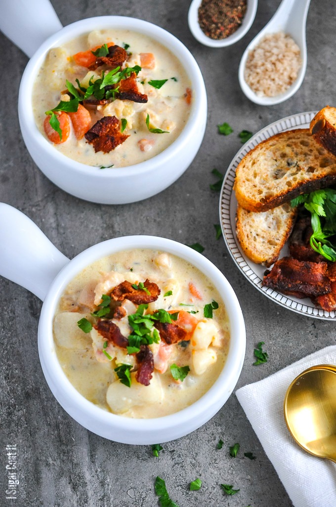 My Curried Arctic Surf #Clam #Chowder, with green #curry leaves, #leek and #coconut milk, delivers the perfect serving of flavourful #fall comfort.