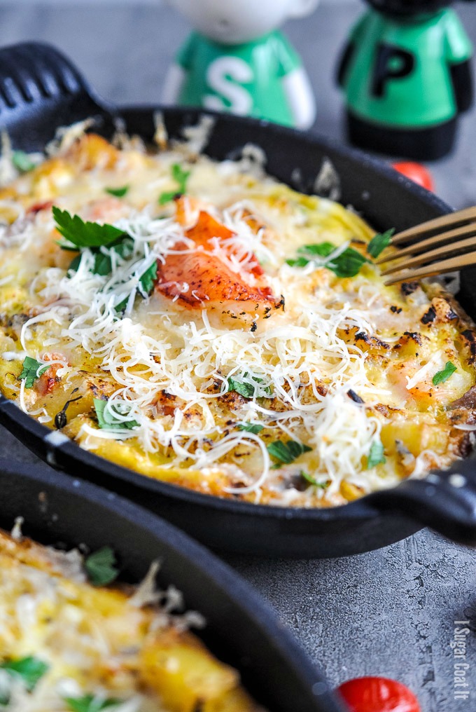 Sous Vide Lobster Frittata with eggs, leeks, potatoes and cheese is the perfect holiday brunch for two, or a small crowd.